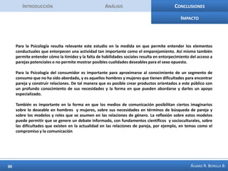 IntroducciónAnálisisConclusionesFrases Largas entre 8 y 12 (2)Aparecen los elementos que generan miedo, como el rechazo, la anticipación del fracaso, la idealización de la pareja. También se aprecian las cualidades deseables de ese YO IDEAL que esperan construir con el soporte de contenido de la página y con la asesoría personalizada.Concepto =  seducción y cualidades personales