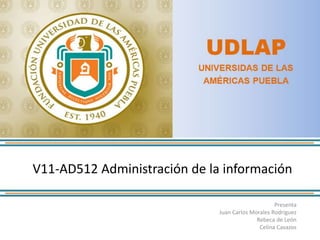 V11-AD512 Administración de la información  Presenta Juan Carlos Morales Rodríguez Rebeca de León Celina Cavazos 