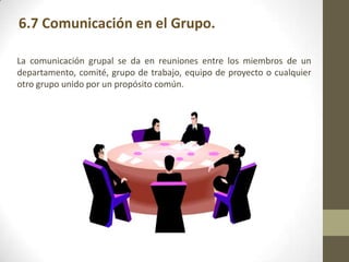 6.7 Comunicación en el Grupo.

La comunicación grupal se da en reuniones entre los miembros de un
departamento, comité, grupo de trabajo, equipo de proyecto o cualquier
otro grupo unido por un propósito común.
 