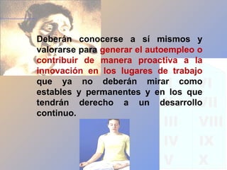Deberán conocerse a sí mismos y
valorarse para generar el autoempleo o
contribuir de manera proactiva a la
innovación en los lugares de trabajo
que ya no deberán mirar como
estables y permanentes y en los que
tendrán derecho a un desarrollo
continuo.
 
