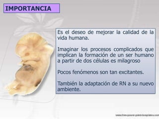 IMPORTANCIA


              Es el deseo de mejorar la calidad de la
              vida humana.

              Imaginar los procesos complicados que
              implican la formación de un ser humano
              a partir de dos células es milagroso

              Pocos fenómenos son tan excitantes.

              También la adaptación de RN a su nuevo
              ambiente.
 