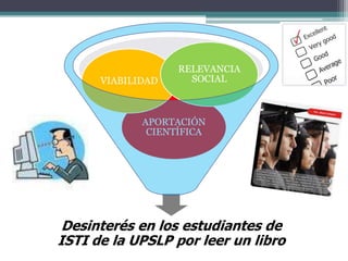 RELEVANCIA
      VIABILIDAD     SOCIAL



             APORTACIÓN
              CIENTÍFICA




 Desinterés en los estudiantes de
ISTI de la UPSLP por leer un libro
 