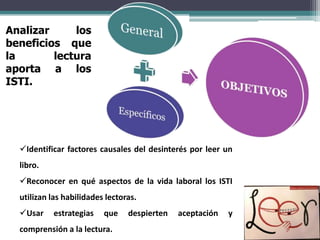 Analizar     los
beneficios que
la       lectura
aporta a los
ISTI.




  Identificar factores causales del desinterés por leer un
  libro.
  Reconocer en qué aspectos de la vida laboral los ISTI
  utilizan las habilidades lectoras.
  Usar    estrategias    que    despierten   aceptación   y
  comprensión a la lectura.
 