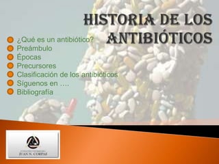 ¿Qué es un antibiótico?
Preámbulo
Épocas
Precursores
Clasificación de los antibióticos
Síguenos en ….
Bibliografía
 