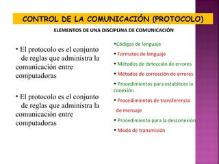 CONTROL DE LA COMUNICACIÓN (PROTOCOLO)
ELEMENTOS DE UNA DISCIPLINA DE COMUNICACIÓN

• El protocolo es el conjunto
de reglas que administra la
comunicación entre
computadoras
• El protocolo es el conjunto
de reglas que administra la
comunicación entre
computadoras

•Códigos de lenguaje
• Formatos de lenguaje
• Métodos de detección de errores
• Métodos de corrección de errores
• Procedimientos para establecer la
conexión
• Procedimientos de transferencia
de mensaje
• Procedimiento para la desconexión
• Modo de transmisión

 