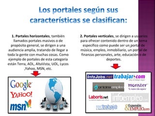1. Portales horizontales, también
llamados portales masivos o de
propósito general, se dirigen a una
audiencia amplia, tratando de llegar a
toda la gente con muchas cosas. Como
ejemplo de portales de esta categoría
están Terra, AOL, AltaVista, UOL, Lycos
,Yahoo, MSN, etc.

2. Portales verticales, se dirigen a usuarios
para ofrecer contenido dentro de un tema
específico como puede ser un portal de
música, empleo, inmobiliario, un portal de
finanzas personales, arte, educación o de
deportes.

 