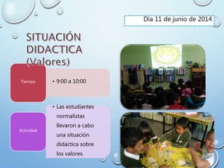 Día 11 de junio de 2014
• 9:00 a 10:00Tiempo
• Las estudiantes
normalistas
llevaron a cabo
una situación
didáctica sobre
los valores.
Actividad
 
