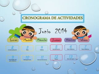 2
Contextualización
3
Rally
4
Talleres
5
Sensibilización
6
Patio didáctico
7
Patio didáctico
9
Actividades del
patio didáctico
10
Matrogimnasia
11
Intervención(valores)
12
Platica
13
Obra de teatro
 