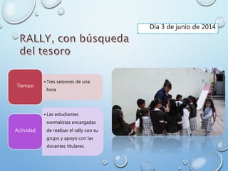 Día 3 de junio de 2014
• Tres sesiones de una
hora
Tiempo
• Las estudiantes
normalistas encargadas
de realizar el rally con su
grupo y apoyo con las
docentes titulares.
Actividad
 