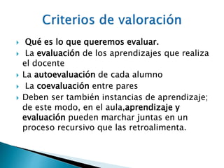  Qué es lo que queremos evaluar. 
 La evaluación de los aprendizajes que realiza 
el docente 
 La autoevaluación de cada alumno 
 La coevaluación entre pares 
 Deben ser también instancias de aprendizaje; 
de este modo, en el aula,aprendizaje y 
evaluación pueden marchar juntas en un 
proceso recursivo que las retroalimenta. 
 
