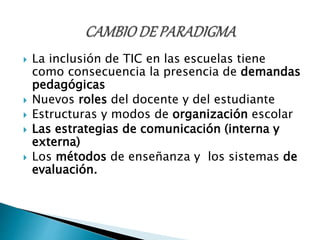  La inclusión de TIC en las escuelas tiene 
como consecuencia la presencia de demandas 
pedagógicas 
 Nuevos roles del docente y del estudiante 
 Estructuras y modos de organización escolar 
 Las estrategias de comunicación (interna y 
externa) 
 Los métodos de enseñanza y los sistemas de 
evaluación. 
 