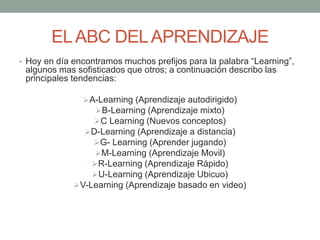 ELABC DELAPRENDIZAJE
• Hoy en día encontramos muchos prefijos para la palabra “Learning”,
algunos mas sofisticados que otros; a continuación describo las
principales tendencias:
A-Learning (Aprendizaje autodirigido)
B-Learning (Aprendizaje mixto)
C Learning (Nuevos conceptos)
D-Learning (Aprendizaje a distancia)
G- Learning (Aprender jugando)
M-Learning (Aprendizaje Movil)
R-Learning (Aprendizaje Rápido)
U-Learning (Aprendizaje Ubicuo)
V-Learning (Aprendizaje basado en video)
 