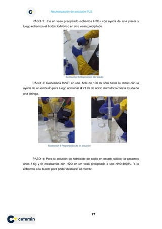 Neutralización de solución PLS
17
PASO 2: En un vaso precipitado echamos H2O+ con ayuda de una piseta y
luego echamos el ácido clorhídrico en otro vaso precipitado.
PASO 3: Colocamos H2O+ en una fiola de 100 ml solo hasta la mitad con la
ayuda de un embudo para luego adicionar 4.21 ml de ácido clorhídrico con la ayuda de
una jeringa.
PASO 4: Para la solución de hidróxido de sodio en estado sólido, lo pesamos
unos 1.6g y lo mesclamos con H2O en un vaso precipitado a una N=0.4mol/L. Y lo
echamos a la bureta para poder destilarlo al matraz.
Ilustración 5:Dispocicion del soluto
Ilustración 6:Preparación de la solución
 