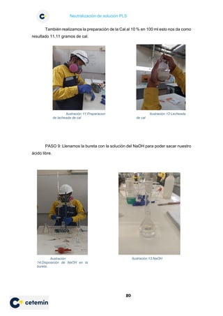 Neutralización de solución PLS
20
También realizamos la preparación de la Cal al 10 % en 100 ml esto nos da como
resultado 11.11 gramos de cal.
PASO 9: Llenamos la bureta con la solución del NaOH para poder sacar nuestro
ácido libre.
Ilustración 11:Preparacion
de lacheada de cal
Ilustración 12:Lecheada
de cal
Ilustración 13:NaOH
Ilustración
14:Disposición de NaOH en la
bureta
 