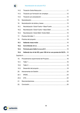 Neutralización de solución PLS
2
14.2. Titulación Oxido-Reducción.............................................................11
14.3. Titulación por formación de complejos ............................................ 12
14.4. Titulación por precipitación: .............................................................12
15. Neutralización......................................................................................12
16. Neutralización de ácidos y bases........................................................13
16.1. Neutralización: Ácido Fuerte + Base Fuerte .................................... 13
16.2. Neutralización: Ácido Fuerte + Base Débil ...................................... 13
16.3. Neutralización: Ácido Débil +Acido Débil......................................... 14
17. Practica Del taller 1 .............................................................................14
18. Practica del proyecto...........................................................................15
18.1. Hallando masa molar.....................................................................15
18.2. Convirtiendo ml a L .......................................................................16
18.3. Fórmula para hallar la 𝒎𝒎𝒎𝒎𝒎𝒎𝒎𝒎𝒎𝒎𝒎𝒎𝒎𝒎...................................................16
18.4. Hallando los ml de HCL para 100 ml en una pureza de 36.5% .. 16
Capítulo II..........................................................................................................16
19. Procedimiento experimental del Proyecto........................................... 16
19.1. Taller 1.............................................................................................16
19.2. Taller 2.............................................................................................18
19.3. Desarrollo del proyecto....................................................................19
20. Herramientas de Gestión.....................................................................23
20.1. IPERC..............................................................................................23
20.2. ATS..................................................................................................24
21. Recomendaciones...............................................................................24
22. Conclusión...........................................................................................25
 