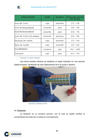 Neutralización de solución PLS
8
Una forma también efectiva es mediante un papel indicador en una solución
(papel tornasol), cambiando de color dependiendo de si es acida o alcalina.
11. Titulación
La titulación es un proceso químico, con el cual se puede verificar la
concentración de iones de un soluto en una disolución.
Ilustración 1:Cuadro indicador
Ilustración 2:Medidor de PH
 