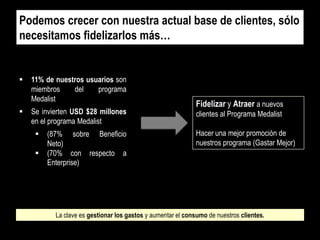 Podemos crecer con nuestra actual base de clientes, sólo
necesitamos fidelizarlos más…





11% de nuestros usuarios son
miembros
del
programa
Medalist
Se invierten USD $28 millones
en el programa Medalist



(87% sobre Beneficio
Neto)
(70% con respecto a
Enterprise)

Fidelizar y Atraer a nuevos
clientes al Programa Medalist
Hacer una mejor promoción de
nuestros programa (Gastar Mejor)

La clave es gestionar los gastos y aumentar el consumo de nuestros clientes.

 
