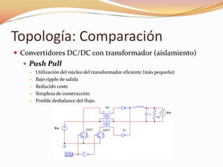 Topología: Comparación
 Convertidores DC/DC con transformador (aislamiento)
 Push Pull
 Utilización del núcleo del transformador eficiente (más pequeño)
 Bajo ripple de salida
 Reducido coste
 Simpleza de construcción
 Posible desbalance del flujo.
 