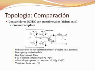 Topología: Comparación
 Convertidores DC/DC con transformador (aislamiento)
 Puente completo
 Utilización del núcleo del transformador eficiente (más pequeño)
 Bajo ripple y ruido de salida
 Baja dispersión de flujo
 Baja eficiencia (alrededor del 73 - 75%)
 Adecuado para potencias mayores a 1[kW] y 660[V]
 Voltajes de hasta 1000 [V]
 