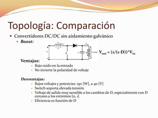 Topología: Comparación
 Convertidores DC/DC sin aislamiento galvánico
 Boost:
Vout = (1/(1-D))*Vin
Ventajas:
 Bajo ruido en la entrada
 No invierte la polaridad de voltaje
Desventajas:
 Bajos voltajes y potencias: 150 [W], a 40 [V]
 Switch soporta elevada tensión
 Voltaje de salida muy sensible a los cambios de D, especialmente con D
cercano a los extremos [0, 1]
 Eficiencia es función de D
 