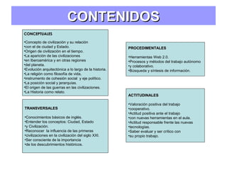 CONTENIDOSCONTENIDOS
CONCEPTUALESCONCEPTUALES
•Concepto de civilización y su relación
•con el de ciudad y Estado.
•Origen de civilización en el tiempo.
•La aparición de las civilizaciones
•en Iberoamérica y en otras regiones
•del planeta.
•Evolución arquitectónica a lo largo de la historia.
•La religión como filosofía de vida,
•instrumento de cohesión social y eje político.
•La posición social y jerarquías.
•El origen de las guerras en las civilizaciones.
•La Historia como relato.
PROCEDIMENTALESPROCEDIMENTALES
•Herramientas Web 2.0.
•Procesos y métodos del trabajo autónomo
•y colaborativo.
•Búsqueda y síntesis de información.
TRANSVERSALESTRANSVERSALES
•Conocimientos básicos de inglés.
•Entender los conceptos: Ciudad, Estado
•y Civilización.
•Reconocer la influencia de las primeras
•civilizaciones en la civilización del siglo XXI.
•Ser consciente de la importancia
•de los descubrimientos históricos.
ACTITUDINALESACTITUDINALES
•Valoración positiva del trabajo
•cooperativo.
•Actitud positiva ante el trabajo
•con nuevas herramientas en el aula.
•Actitud responsable frente las nuevas
•tecnologías.
•Saber evaluar y ser crítico con
•su propio trabajo.
 