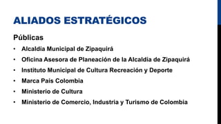 ALIADOS ESTRATÉGICOS
Públicas
• Alcaldía Municipal de Zipaquirá
• Oficina Asesora de Planeación de la Alcaldía de Zipaquirá
• Instituto Municipal de Cultura Recreación y Deporte
• Marca País Colombia
• Ministerio de Cultura
• Ministerio de Comercio, Industria y Turismo de Colombia
 