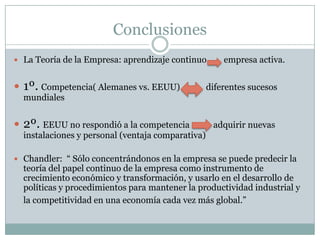 ConclusionesLa Teoría de la Empresa: aprendizaje continuo        empresa activa.1º. Competencia( Alemanes vs. EEUU)            diferentes sucesos mundiales2º. EEUU no respondió a la competencia           adquirir nuevas instalaciones y personal (ventaja comparativa)Chandler:  “ Sólo concentrándonos en la empresa se puede predecir la teoría del papel continuo de la empresa como instrumento de crecimiento económico y transformación, y usarlo en el desarrollo de políticas y procedimientos para mantener la productividad industrial y la competitividad en una economía cada vez más global.”                                        