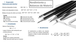 Rendimiento y
Balances de Materia
 Evaporador
Sobresaturado (tacho)
 Cristalizador
 Rendimiento
Donde:
MO, Solución de entrada MA, Solución de salida
MC, Residuo XO, Concentración inicial
L, Licor madre XL, Concentración de Licor
XA, Concentración de Salida XCC, Concentración residual
Balance Total de Masa:
Luego el balance del compuesto que
cristaliza (Soluto):
Donde:
C, Masa de cristales producidos
C*XC, masa del soluto que se cristalizó
El rendimiento se define con relación
entre la masa de cristales producidos;
respecto a todo el soluto alimentado al
cristalizador.
 