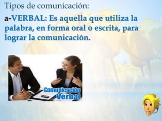 Tipos de comunicación:
a-VERBAL: Es aquella que utiliza la
palabra, en forma oral o escrita, para
lograr la comunicación.
 