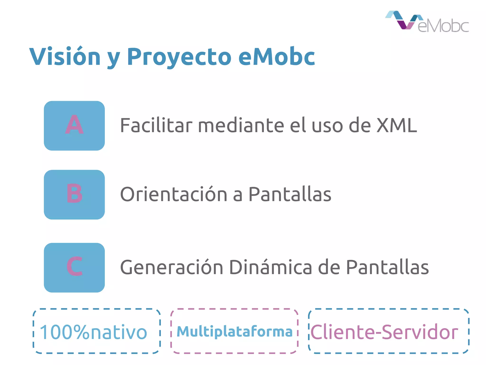 Visión y Proyecto eMobc
A
B
C
Facilitar mediante el uso de XML
Orientación a Pantallas
Generación Dinámica de Pantallas
100%nativo Cliente-ServidorMultiplataforma
 