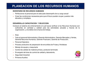 PLANEACION DE LOS RECURSOS HUMANOS
INVENTARIO DE RECURSOS HUMANOS
   Perfeccionar al personal para el adecuado desempeño de su cargo actual
   Crear las condiciones necesarias para que el futuro puedan ocupar, puestos más
   elevados y complejos.


DESARROLLO CAPACITACION Y SELECCION
Involucra al sistema de entrenamiento el cual busca verificar si los Recursos Humanos son
   suficientes en cantidad y calidad para las actividades actuales y futuras de la
   organización, y el análisis de la fuerza de trabajo.


   Área
   Todo el personal Administrativo (Gerente Administrativo, Gerente Mercadeo y Ventas,
   Gerente Recursos Humanos, Gerente Financiero, Gerente de Producción.
   Personal Operativo
   Proceso productivo de preparación de encurtidos de Frutas y Hortalizas
   Manejo de equipo y maquinaria
   Control de calidad de material primas y producto terminado
   Encargado del área de control de calidad y laboratorito.
   Seguridad Industrial
   Primeros Auxilios
 