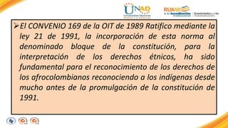 El CONVENIO 169 de la OIT de 1989 Ratifico mediante la 
ley 21 de 1991, la incorporación de esta norma al 
denominado bloque de la constitución, para la 
interpretación de los derechos étnicos, ha sido 
fundamental para el reconocimiento de los derechos de 
los afrocolombianos reconociendo a los indígenas desde 
mucho antes de la promulgación de la constitución de 
1991. 
 