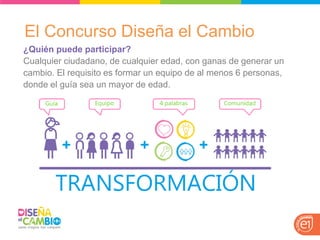 ¿Quién puede participar? 
Cualquier ciudadano, de cualquier edad, con ganas de generar un cambio. El requisito es formar un equipo de al menos 6 personas, donde el guía sea un mayor de edad. 
El Concurso Diseña el Cambio  