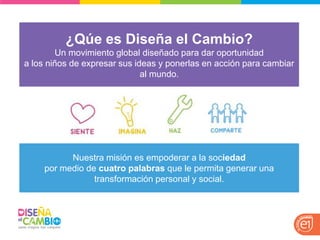 ¿Qúe es Diseña el Cambio? Un movimiento global diseñado para dar oportunidad a los niños de expresar sus ideas y ponerlas en acción para cambiar al mundo. 
Nuestra misión es empoderar a la sociedad 
por medio de cuatro palabras que le permita generar una transformación personal y social.  