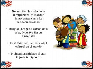 • No perciben las relaciones
interpersonales sean tan
importantes como los
latinoamericanos.
• Religión, Lengua, Gastronomía,
arte, deportes, fiestas
Nacionales.
• Es el País con mas diversidad
cultural en el mundo.
• Multicultural debido al gran
flujo de inmigrantes

 