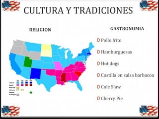 CULTURA Y TRADICIONES
RELIGION

GASTRONOMIA
0 Pollo frito
0 Hamburguesas
0 Hot dogs
0 Costilla en salsa barbacoa
0 Cole Slaw
0 Cherry Pie

 