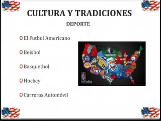 CULTURA Y TRADICIONES
DEPORTE
0 El Futbol Americano

0 Beisbol
0 Basquetbol

0 Hockey
0 Carreras Automóvil

 