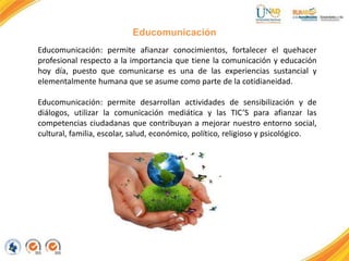 Educomunicación
Educomunicación: permite afianzar conocimientos, fortalecer el quehacer
profesional respecto a la importancia que tiene la comunicación y educación
hoy día, puesto que comunicarse es una de las experiencias sustancial y
elementalmente humana que se asume como parte de la cotidianeidad.
Educomunicación: permite desarrollan actividades de sensibilización y de
diálogos, utilizar la comunicación mediática y las TIC’S para afianzar las
competencias ciudadanas que contribuyan a mejorar nuestro entorno social,
cultural, familia, escolar, salud, económico, político, religioso y psicológico.
 