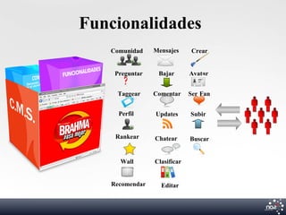 Funcionalidades
   Comunidad    Mensajes     Crear


    Preguntar    Bajar       Avatar
      ?
    Taggear     Comentar     Ser Fan


     Perfil     Updates      Subir


    Rankear     Chatear      Buscar


     Wall       Clasificar


   Recomendar     Editar
 