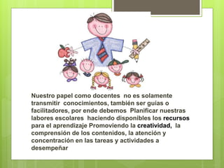 Nuestro papel como docentes no es solamente
transmitir conocimientos, también ser guías o
facilitadores, por ende debemos Planificar nuestras
labores escolares haciendo disponibles los recursos
para el aprendizaje Promoviendo la creatividad, la
comprensión de los contenidos, la atención y
concentración en las tareas y actividades a
desempeñar
 