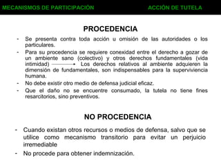 PROCEDENCIA
- Se presenta contra toda acción u omisión de las autoridades o los
particulares.
- Para su procedencia se requiere conexidad entre el derecho a gozar de
un ambiente sano (colectivo) y otros derechos fundamentales (vida
intimidad) Los derechos relativos al ambiente adquieren la
dimensión de fundamentales, son indispensables para la superviviencia
humana.
- No debe existir otro medio de defensa judicial eficaz.
- Que el daño no se encuentre consumado, la tutela no tiene fines
resarcitorios, sino preventivos.
MECANISMOS DE PARTICIPACIÓN ACCIÓN DE TUTELA
- Cuando existan otros recursos o medios de defensa, salvo que se
utilice como mecanismo transitorio para evitar un perjuicio
irremediable
- No procede para obtener indemnización.
NO PROCEDENCIA
 
