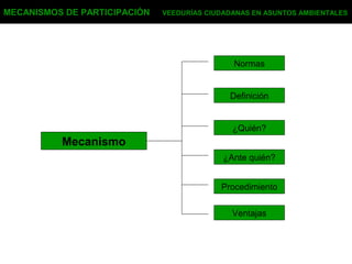MECANISMOS DE PARTICIPACIÓN VEEDURÍAS CIUDADANAS EN ASUNTOS AMBIENTALES
Mecanismo
Normas
Definición
¿Quién?
¿Ante quién?
Procedimiento
Ventajas
 