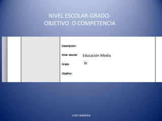 NIVEL ESCOLAR-GRADO-
OBJETIVO O COMPETENCIA




               Educación Media
               XI




        Luis Carrera
 
