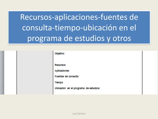 Recursos-aplicaciones-fuentes de
consulta-tiempo-ubicación en el
  programa de estudios y otros




              Luis Carrera
 
