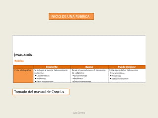 INICIO DE UNA RÚBRICA




Tomado del manual de Concius




                               Luis Carrera
 