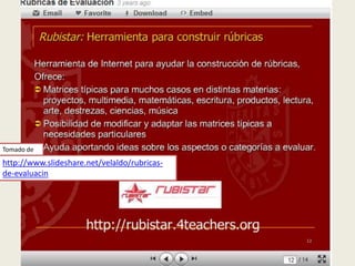 Tomado de
http://www.slideshare.net/velaldo/rubricas-
de-evaluacin




                                              Luis Carrera
 