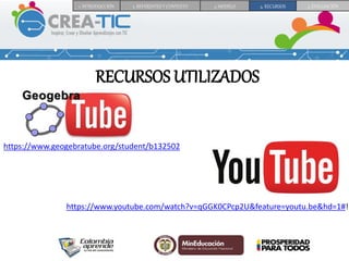 1. INTRODUCCIÓN 2. REFERENTES Y CONTEXTO 3. MODELO 4. RECURSOS 5. EVALUACIÓN
RECURSOS UTILIZADOS
https://www.geogebratube.org/student/b132502
https://www.youtube.com/watch?v=qGGK0CPcp2U&feature=youtu.be&hd=1#!
 