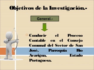 Objetivos de la Investigación.-
             General.-



         Conducir     el     Proceso
          Contable en el Consejo
          Comunal del Sector de San
          José,     Parroquia     Río
          Acarigua,            Estado
          Portuguesa.
 