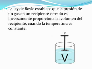 La ley de Boyle establece que la presión de un gas en un recipiente cerrado es inversamente proporcional al volumen del recipiente, cuando la temperatura es constante.