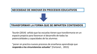 NECESIDAD DE INNOVAR EN PROCESOS EDUCATIVOS
TRANSFORMAR LA FORMA QUE SE IMPARTEN CONTENIDOS
Tourón (2014) señala que las escuelas tienen que transformarse en un
espacio propicio para favorecer el desarrollo de todas las
potencialidades y capacidades de los alumnos
“poner en practica nuevos procesos de enseñanza aprendizaje que
responda a las circunstancias actuales” (Fortanet , 2015)
 